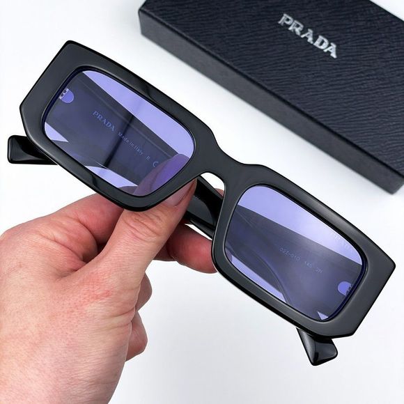 Prada PR06YS 02Z01O Sunglasses Black Blue Rectangle Unisex - Picture 2 of 14